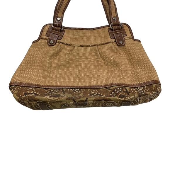 Fossil Straw Large Satchel Bag Floral Accent Leather Trim Magnetic Closure 13x17 - Picture 4 of 13